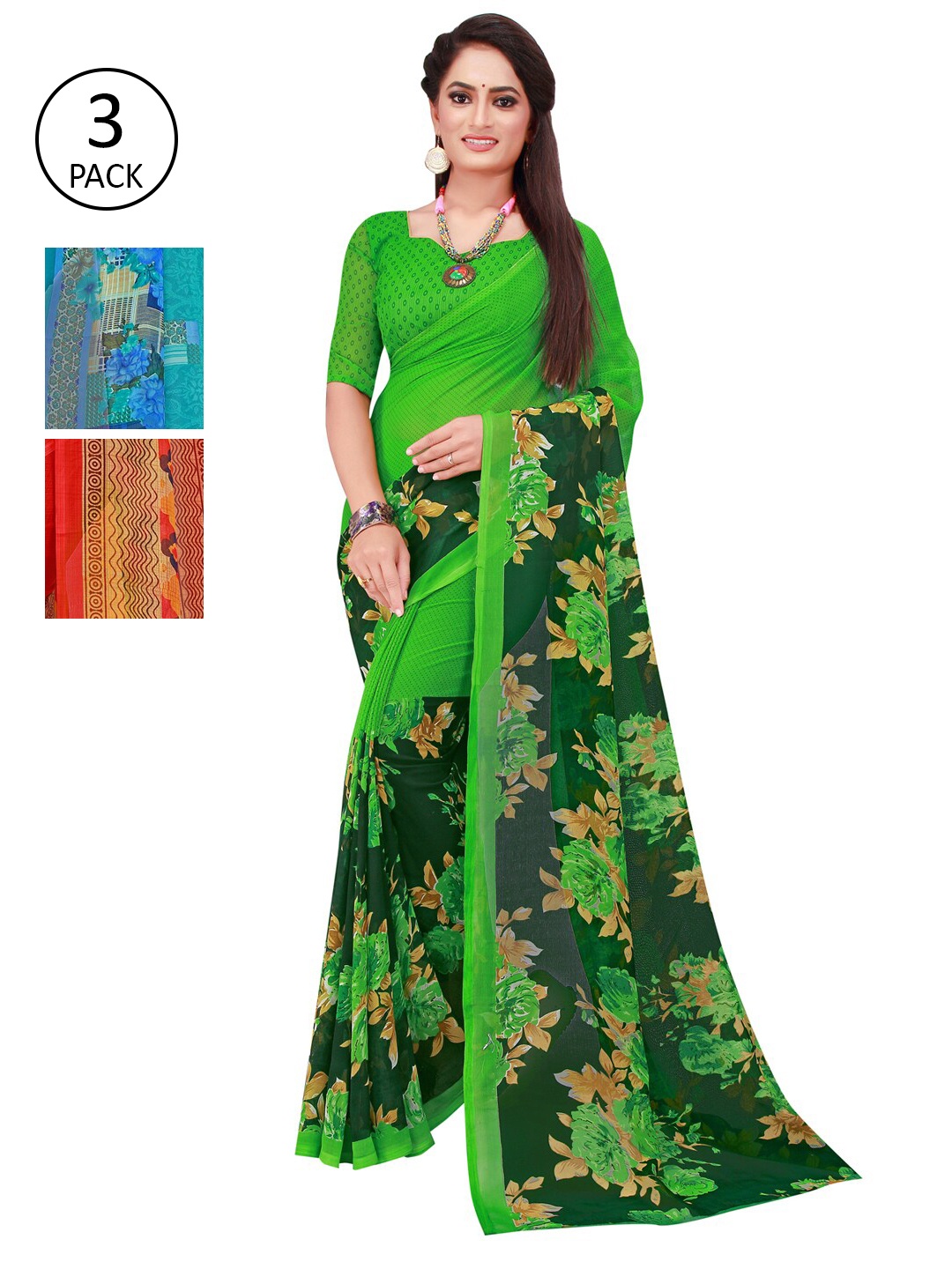 

Florence Blue & Green Set Of 3 Floral Pure Georgette Saree