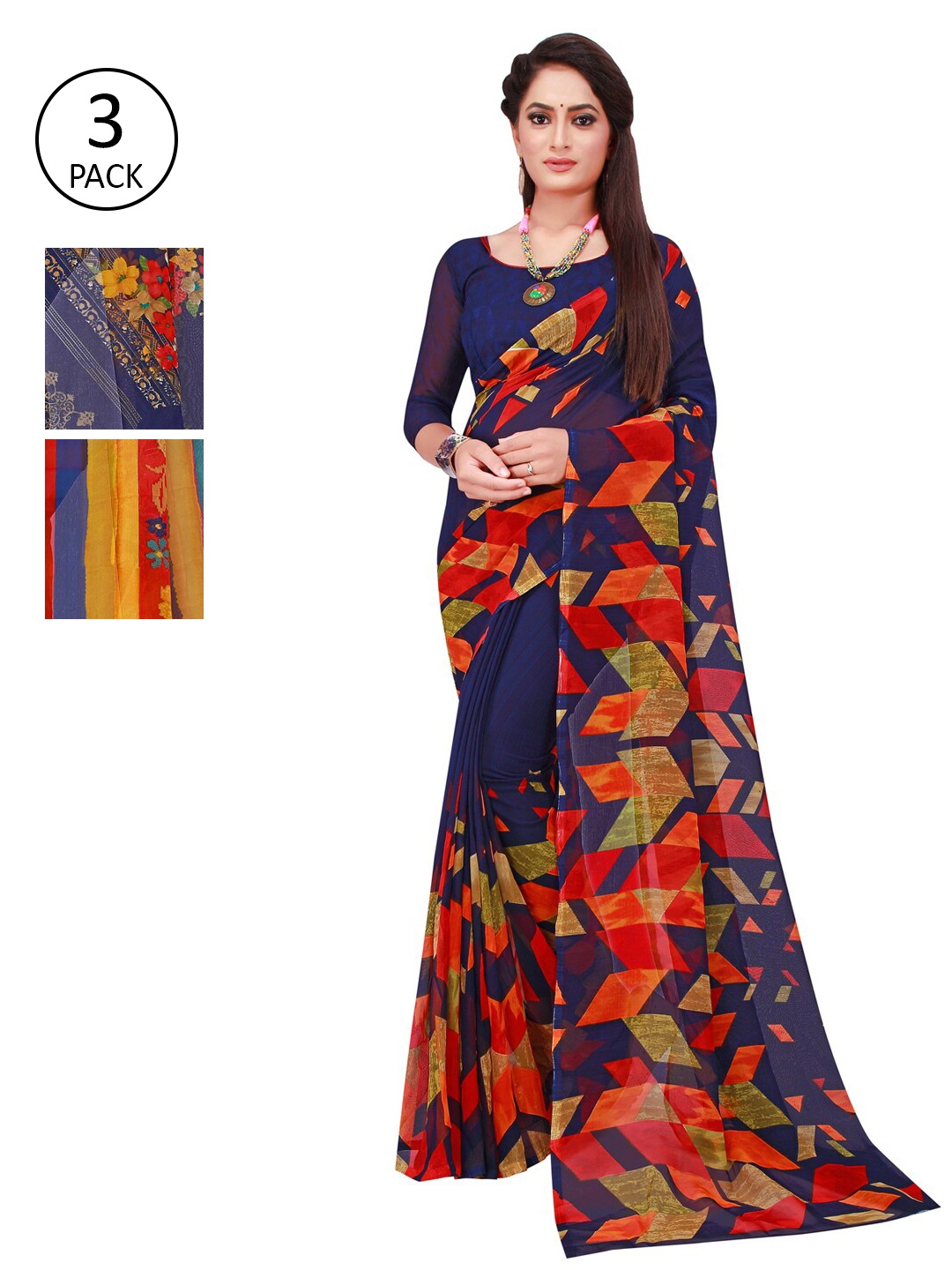

Florence Pack Of 3 Floral Pure Georgette Saree, Blue