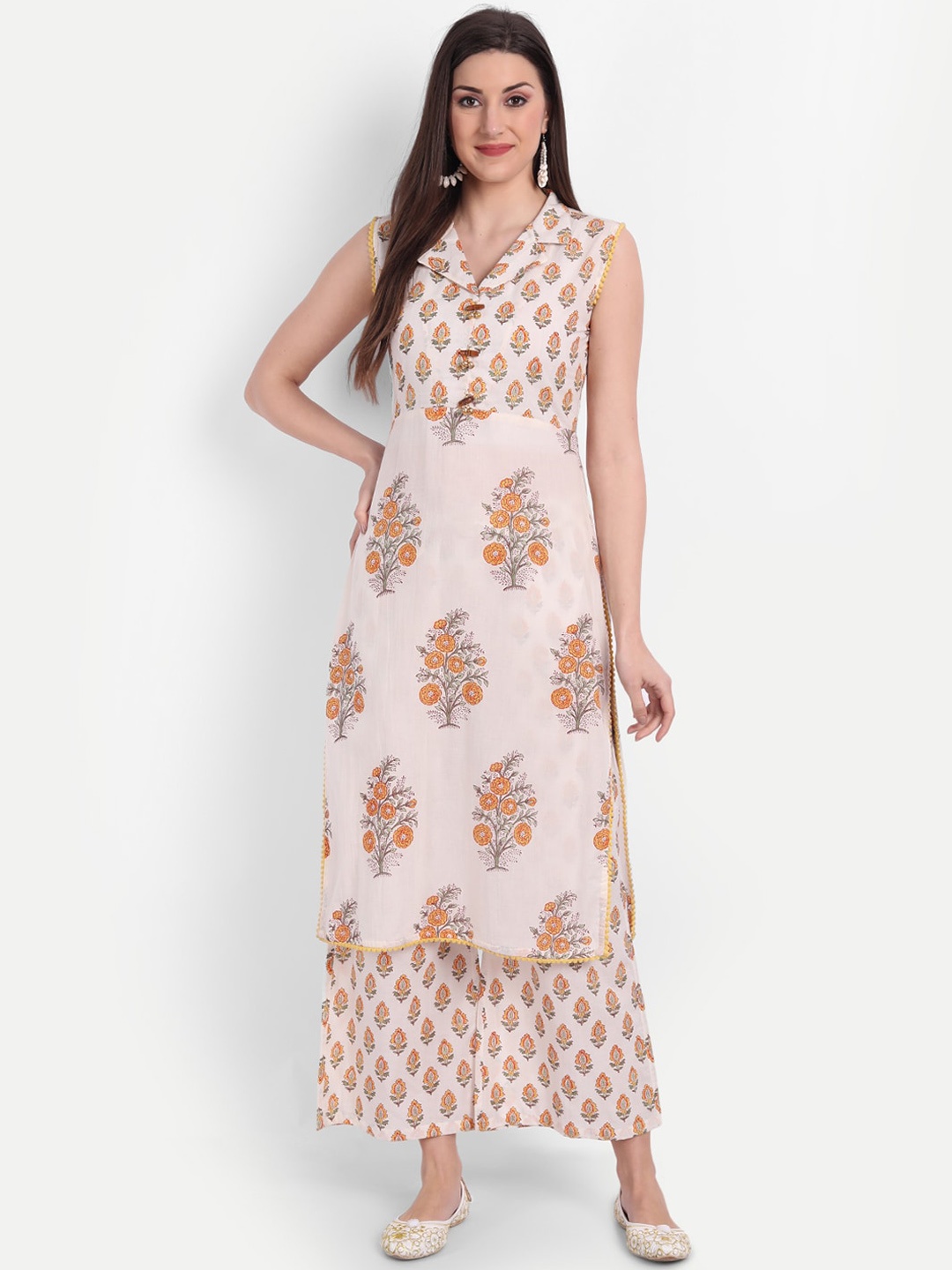 

HK colours of fashion Women White Floral Printed Pure Cotton Kurta with Palazzos