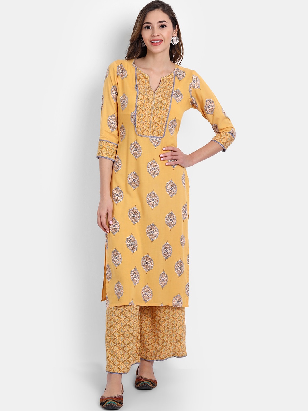 

HK colours of fashion Women Yellow & Blue Ethnic Motifs Printed Kurta with Palazzos