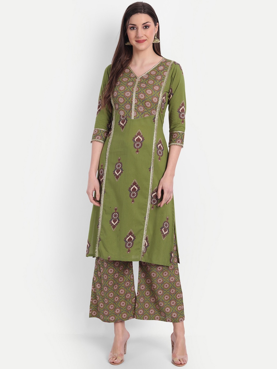 

HK colours of fashion Women Green Printed Pure Cotton Kurta with Palazzos