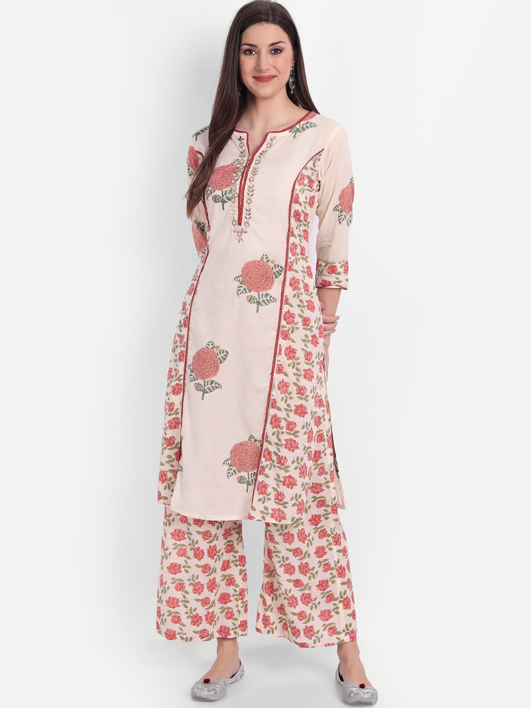 

HK colours of fashion Women Pink Floral Printed Pure Cotton Kurta with Palazzos