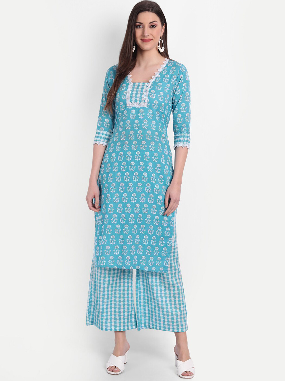 

HK colours of fashion Women Blue Ethnic Motifs Printed Pure Cotton Kurta with Palazzos