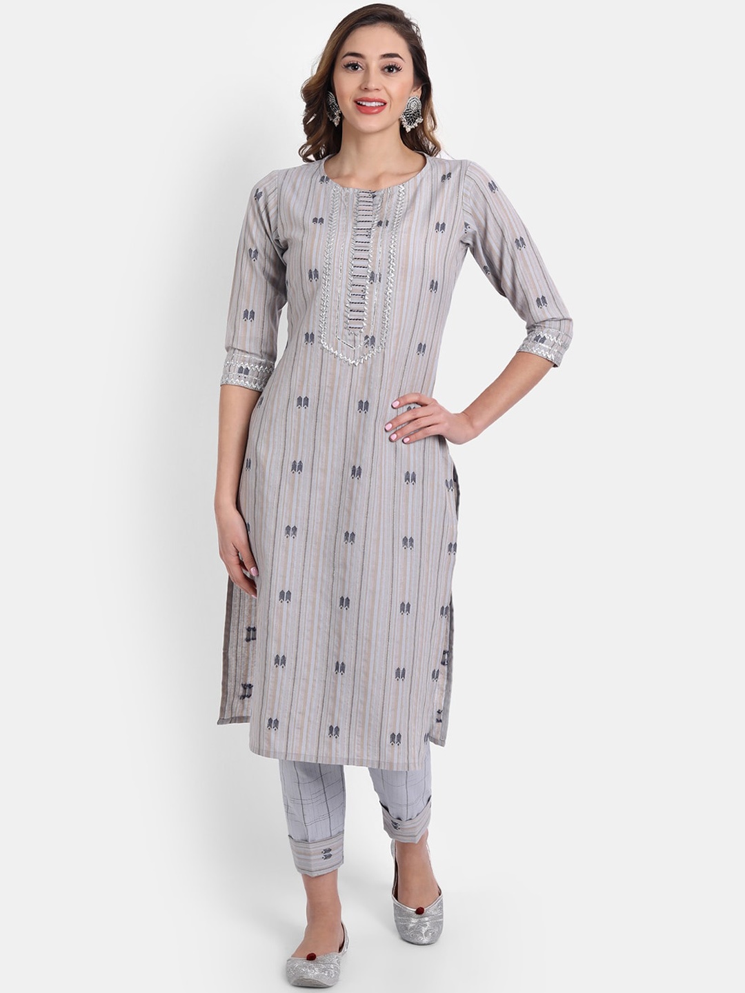 

HK colours of fashion Women Blue & Beige Jacquard Kurta with Trousers