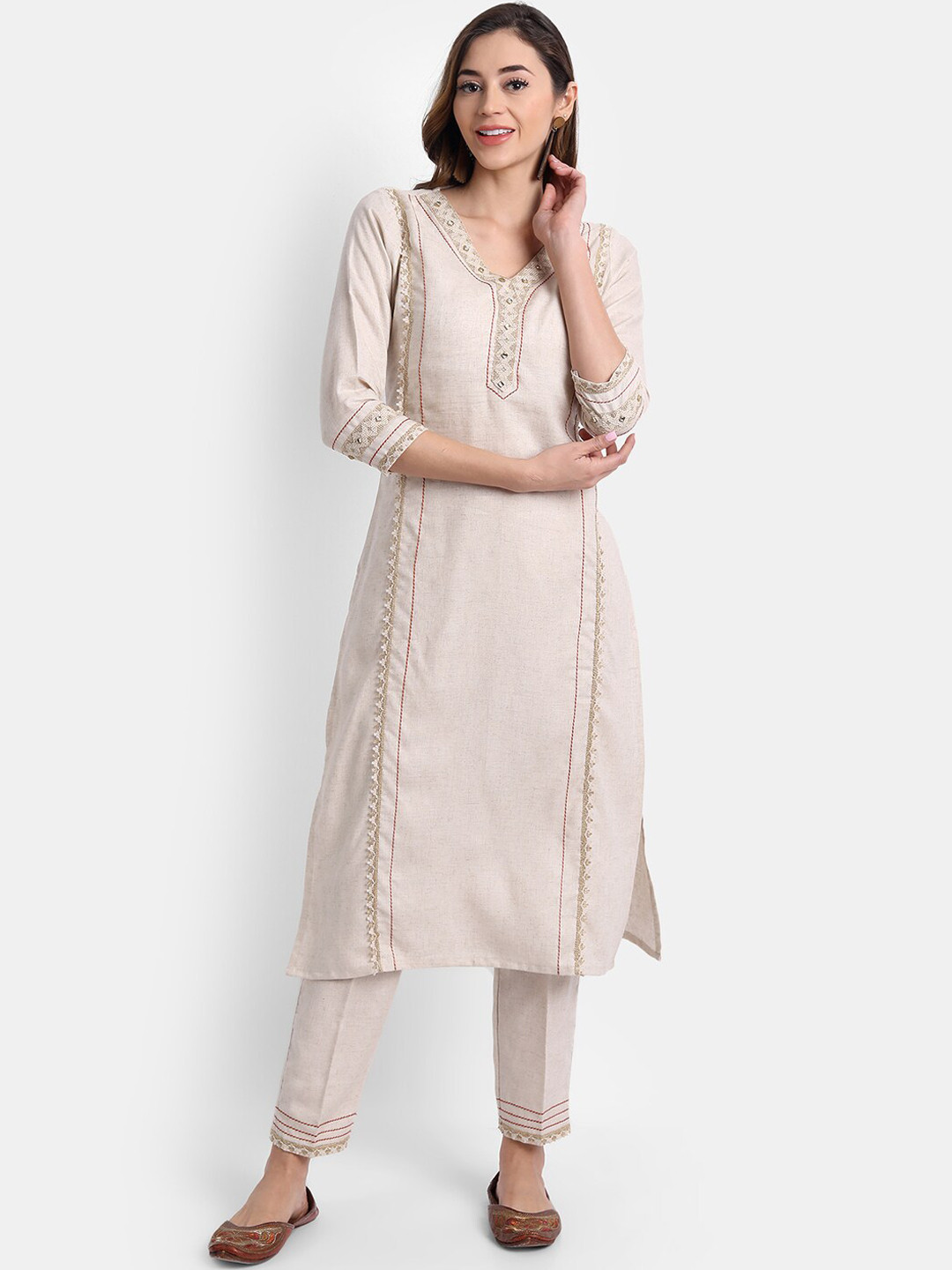 

HK colours of fashion Women Off White Embellished Kurta with Trousers