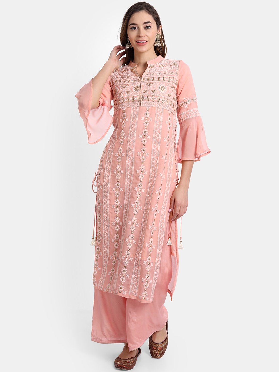 

HK colours of fashion Women Peach-Coloured Embroidered Silk Georgette Kurta with Palazzos