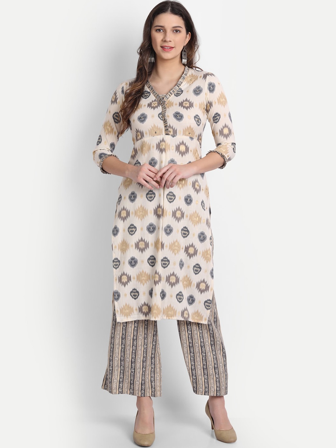 

HK colours of fashion Women Off White Geometric Printed Kurta with Palazzos