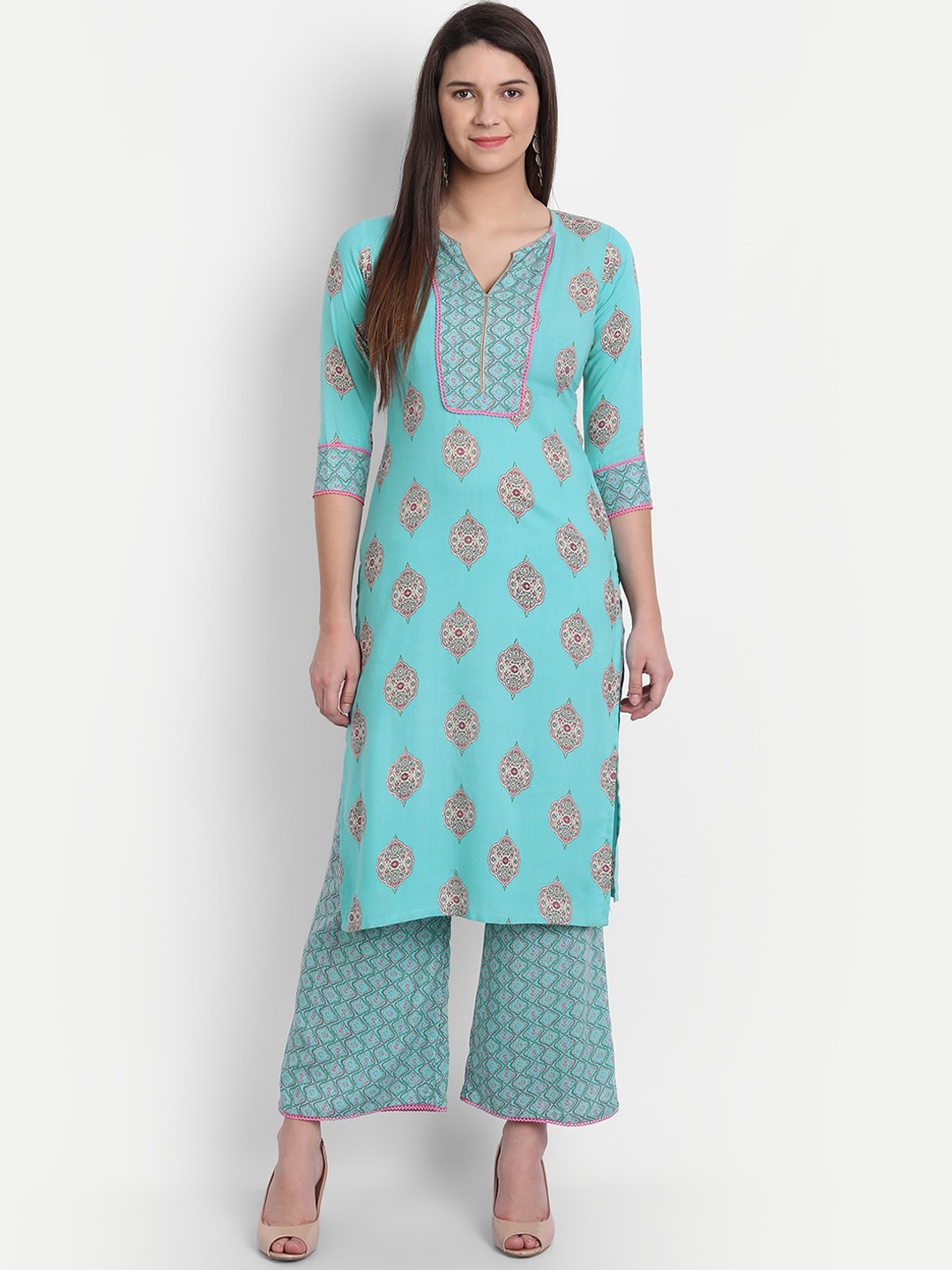 HK colours of fashion Women Turquoise Blue Ethnic Motifs Printed Kurti with Palazzos