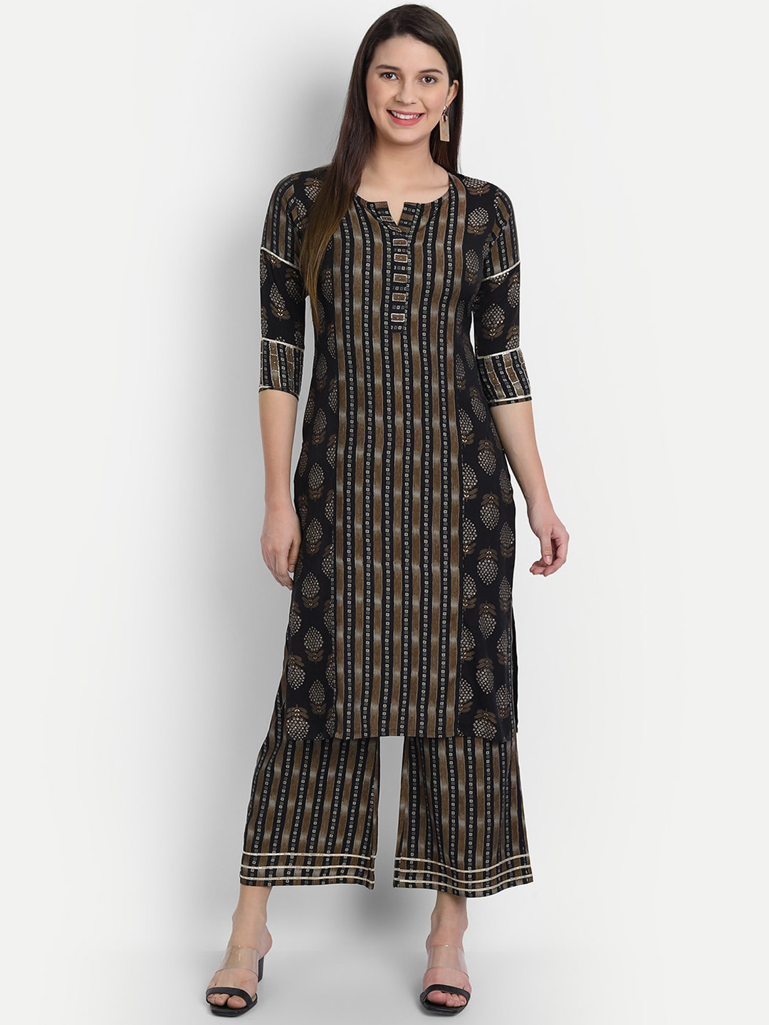 

HK colours of fashion Women Black & Brown Printed Panelled Kurta with Palazzos