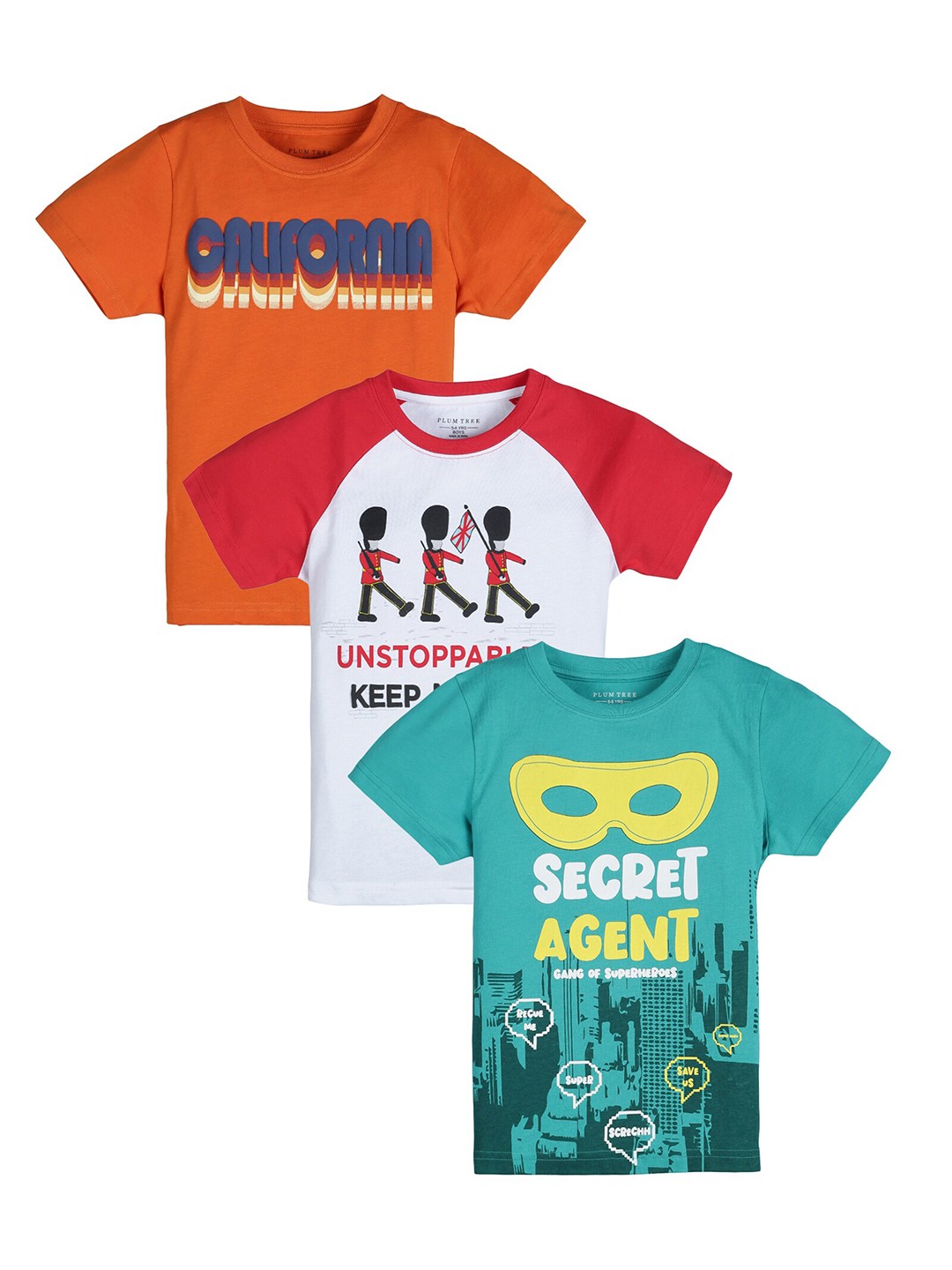 

PLUM TREE Boys Pack of 3 Orange & White Typography Printed Pure Cotton T-shirts