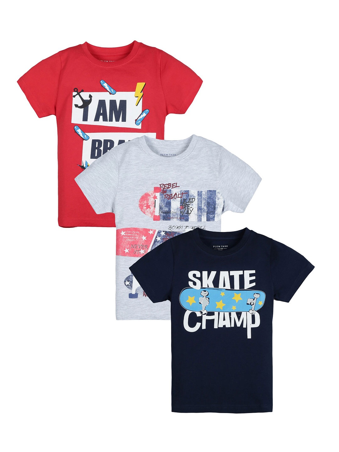 

PLUM TREE Boys Pack of 3 Grey & Red Typography Printed Pure Cotton T-shirts