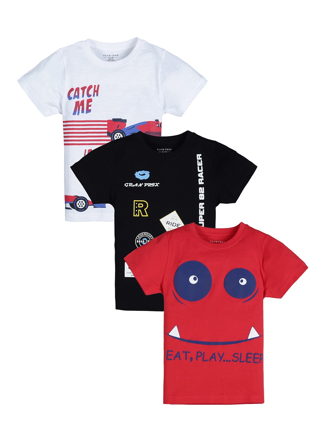 

PLUM TREE Boys Pack of 3 Printed Pure Cotton T-shirts, Red