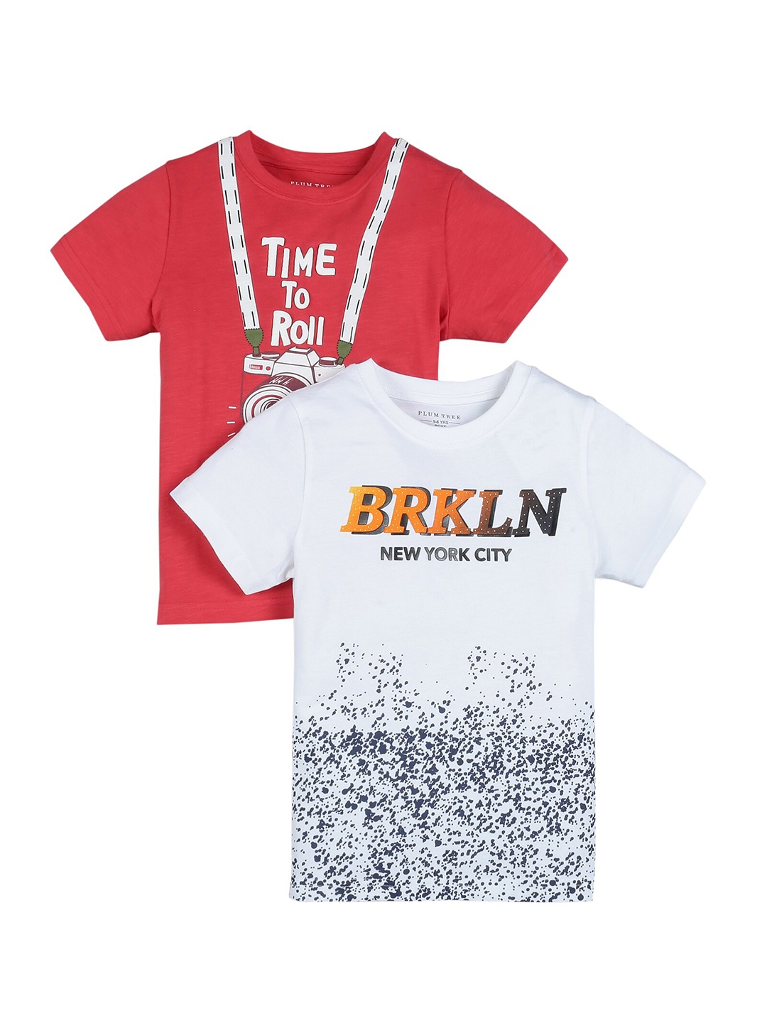 

PLUM TREE Boys Set Of 2 Red & White Printed Pure Cotton T-shirt