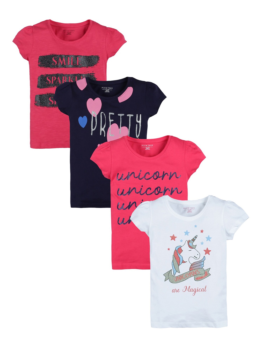 

PLUM TREE Girls Pack Of 4 Typography Printed Cotton T-shirt Pack Of 4, Pink