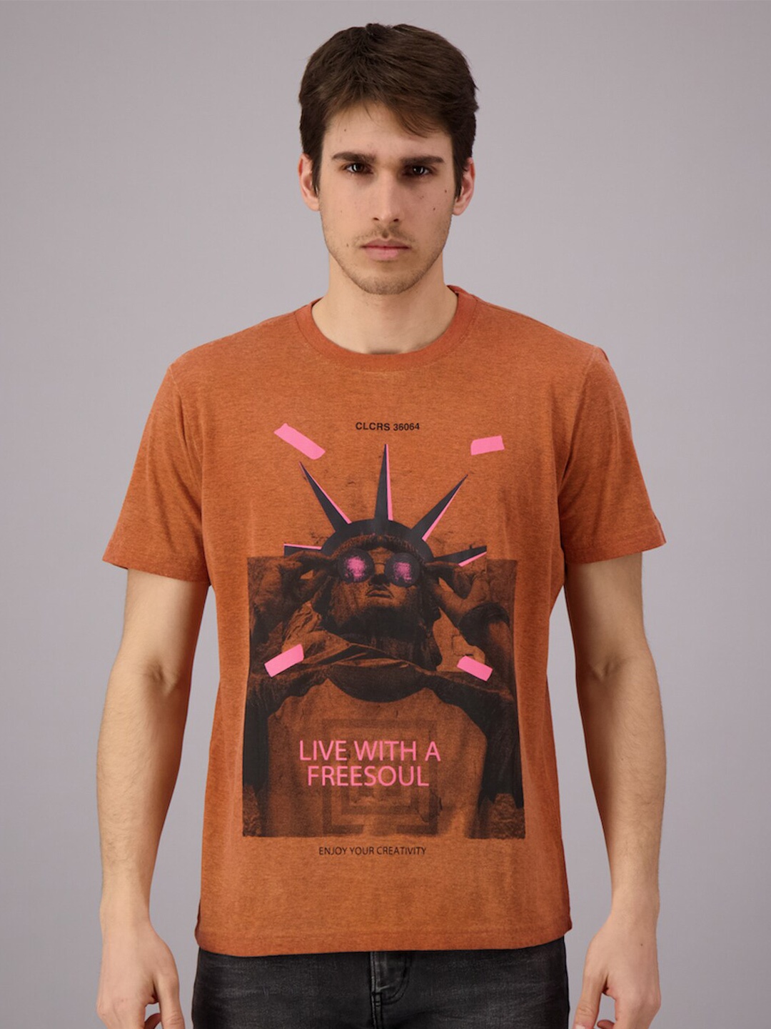 

FREESOUL Men Orange Printed Pure Cotton T-shirt