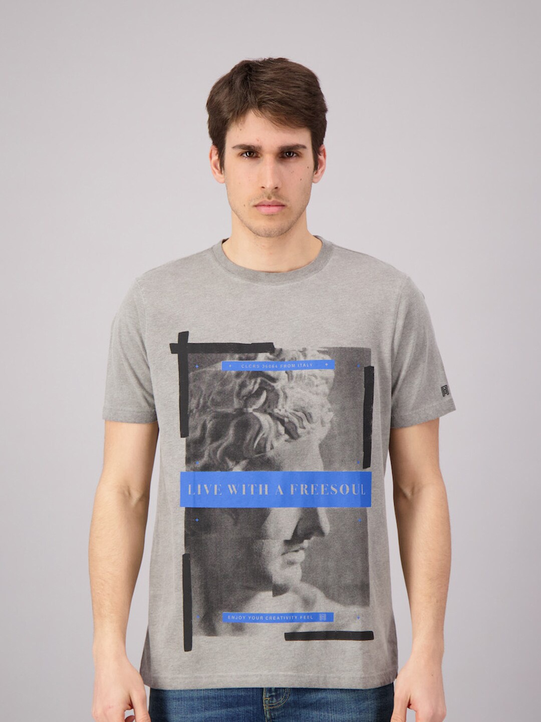 

FREESOUL Men Grey & Black Printed Pure Cotton T-shirt