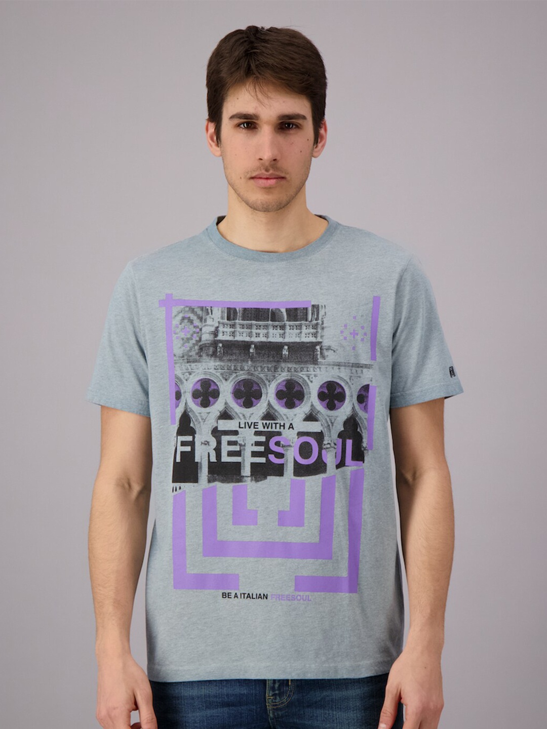 

FREESOUL Men Blue Printed Pure Cotton T-shirt