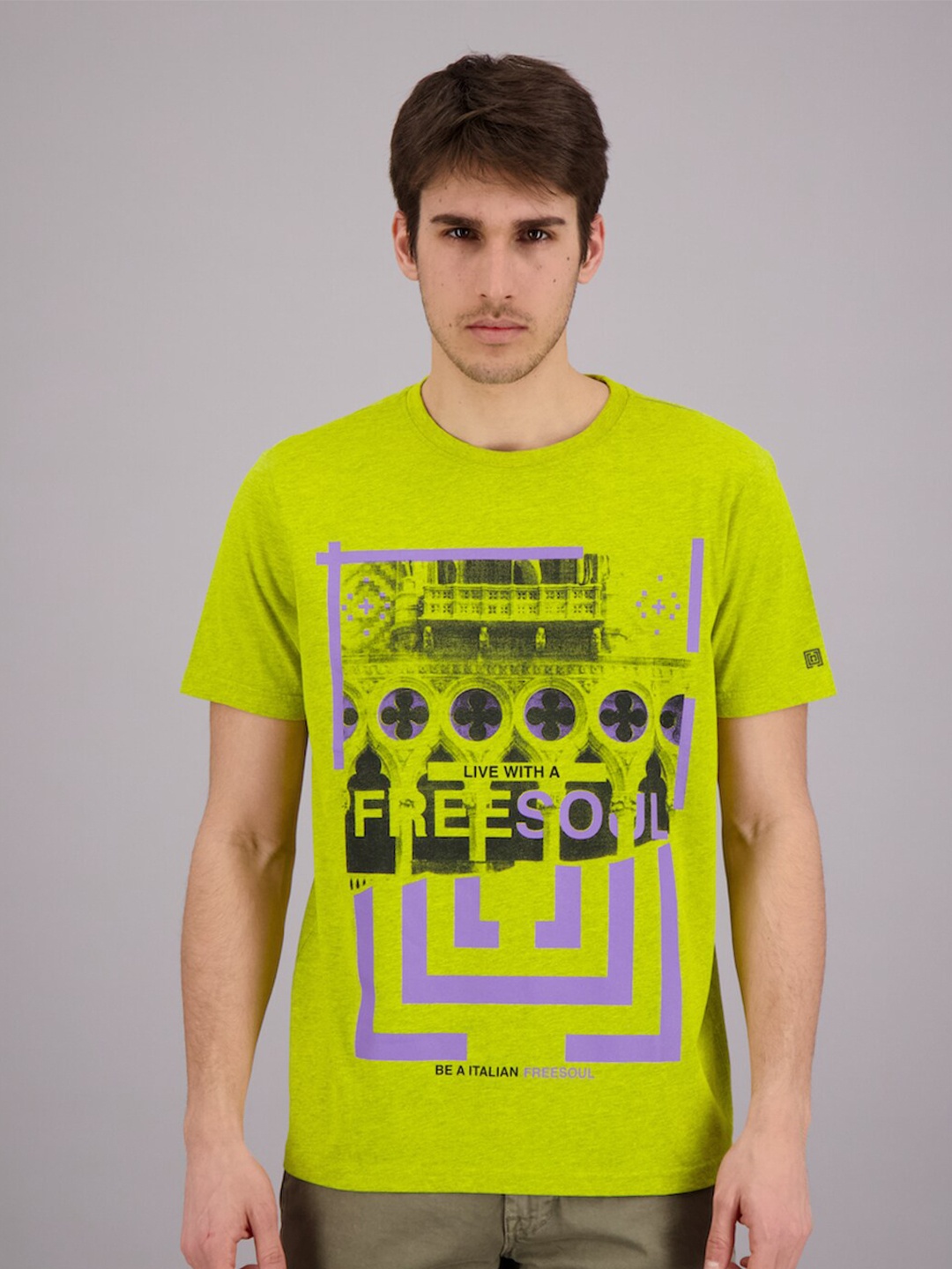

FREESOUL Men Lime Green & Black Brand Logo Printed Pure Cotton T-shirt
