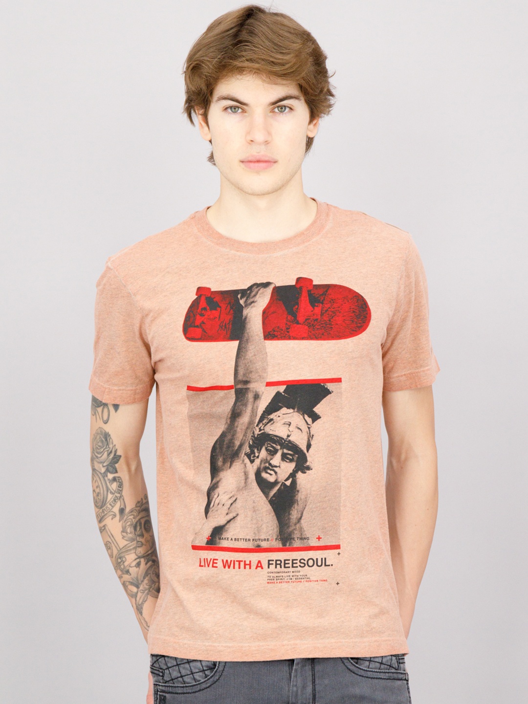 

FREESOUL Men Orange Printed Pure Cotton T-shirt