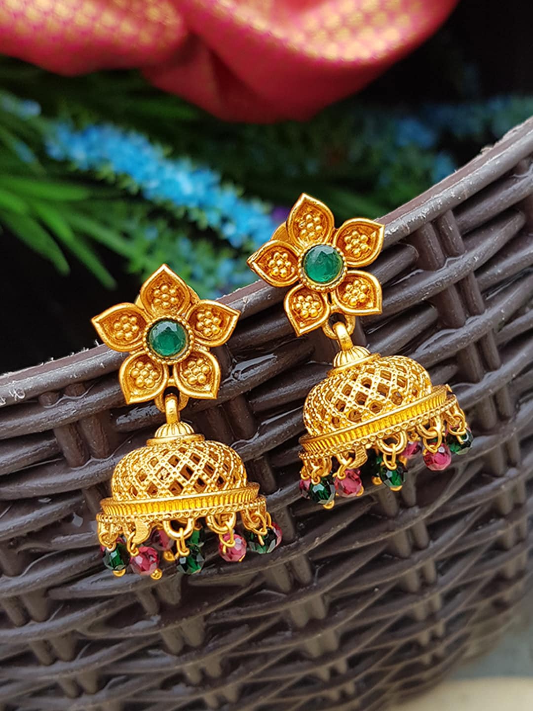 

GRIIHAM Gold-Toned & Green Contemporary Jhumkas Earrings