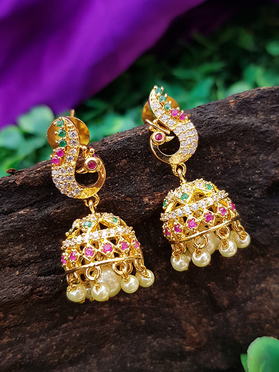 

GRIIHAM Gold-Toned & Multicoloured Contemporary Jhumkas Earrings