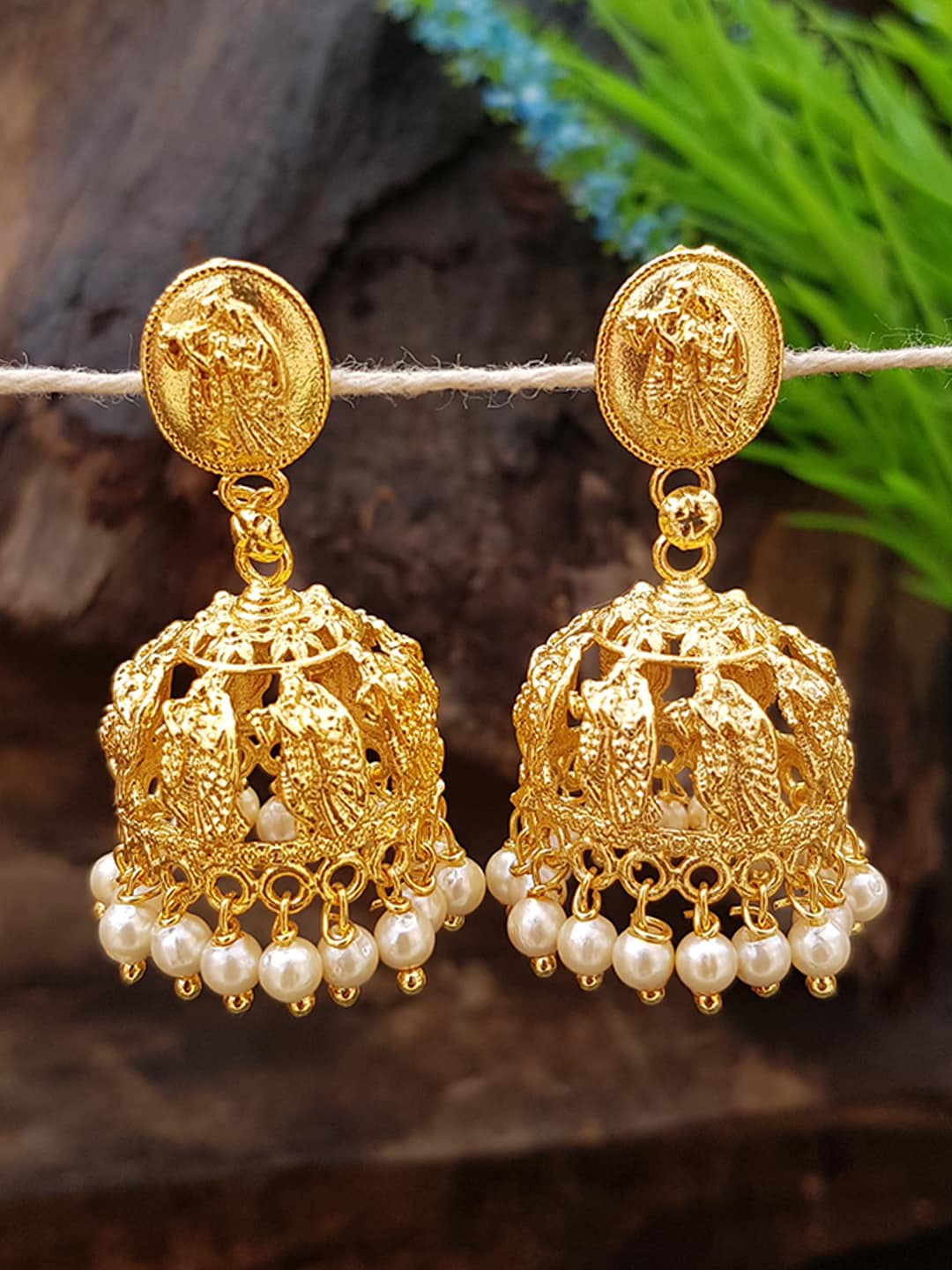 

GRIIHAM Gold-Toned & White Contemporary Jhumkas Earrings