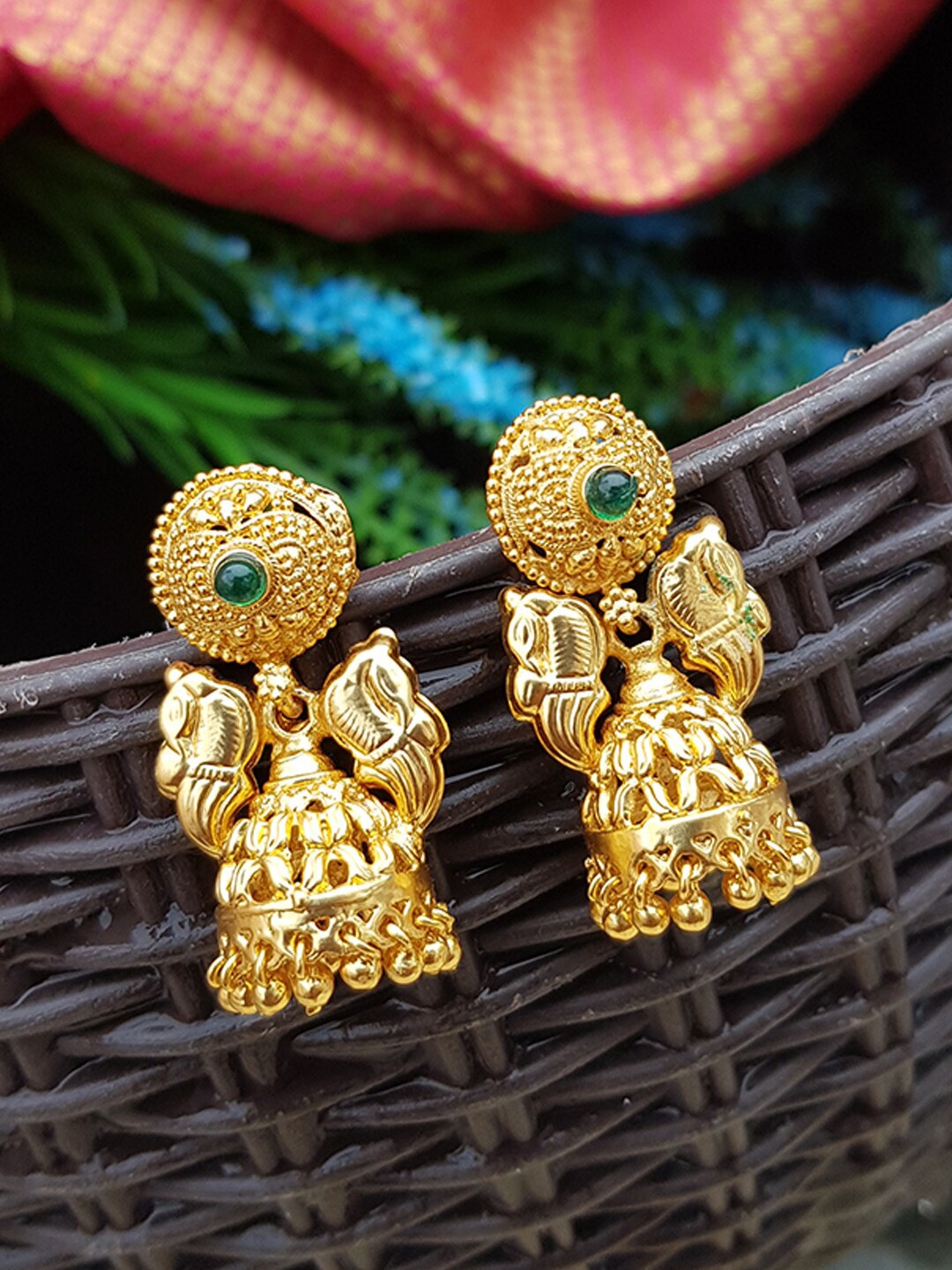 

GRIIHAM Gold-Toned & Green Contemporary Jhumkas Earrings