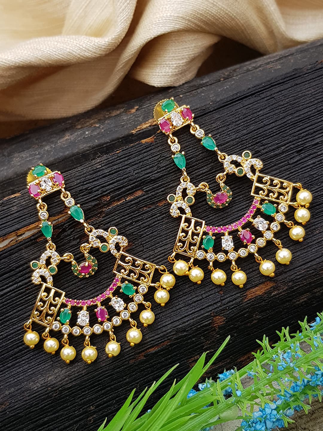 

GRIIHAM Gold-Toned & Multicoloured Contemporary Chandbalis Earrings