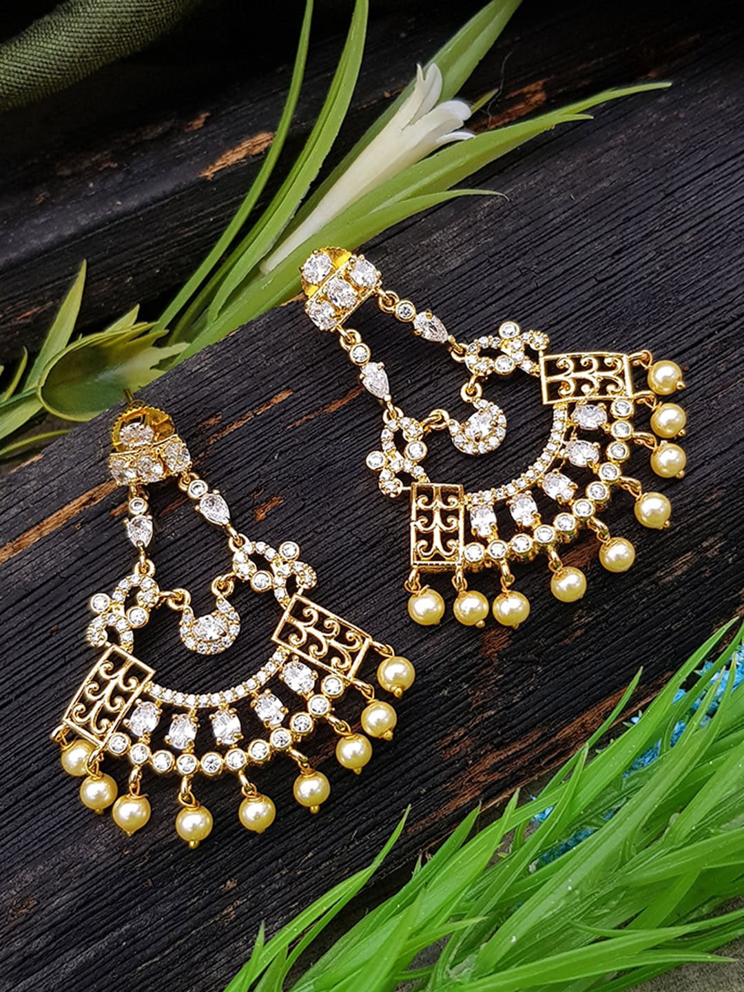 

GRIIHAM Gold-Toned & White Contemporary Chandbalis Earrings