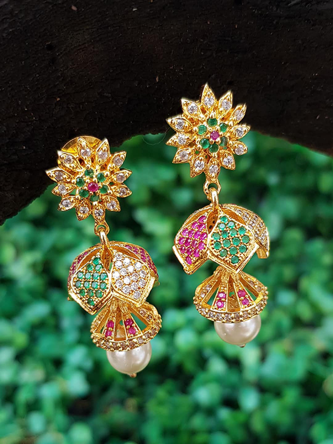 

GRIIHAM Gold-Toned & Multicoloured Contemporary Jhumkas Earrings