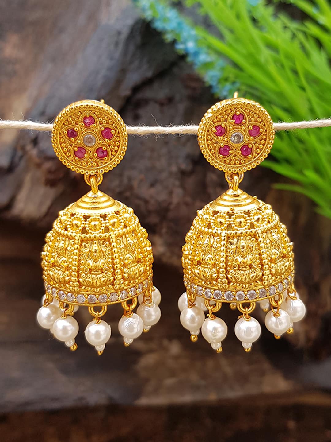 

GRIIHAM Gold-Toned & White Contemporary Jhumkas Earrings