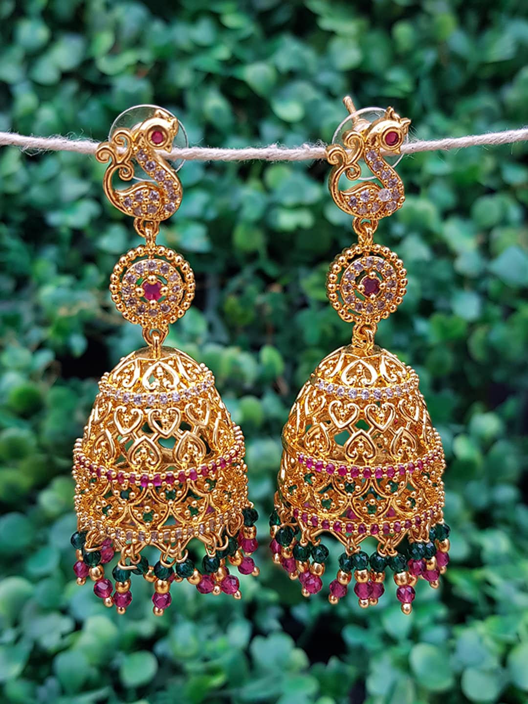 

GRIIHAM Gold-Plated American Diamond Studded Contemporary Jhumkas Earrings