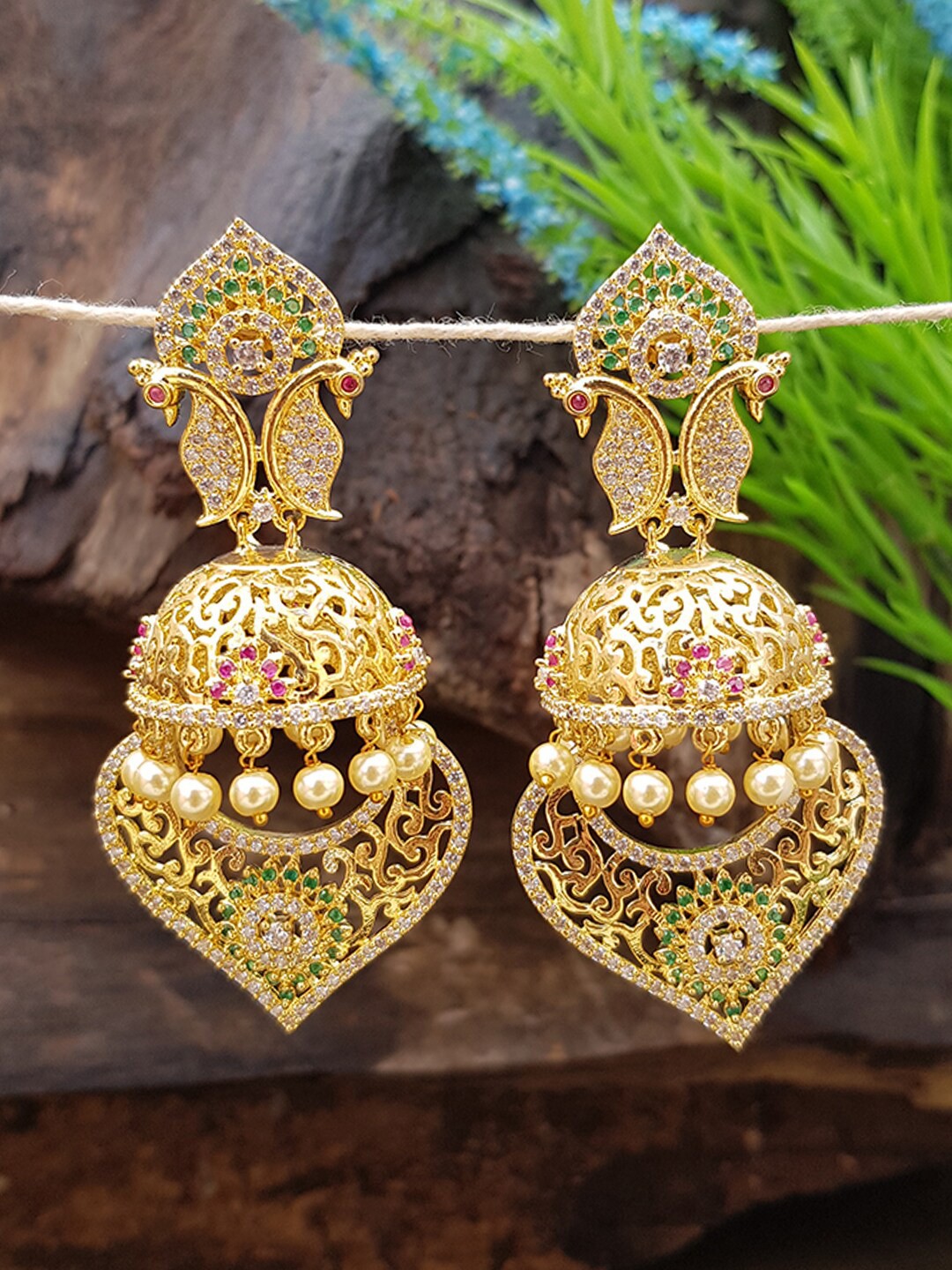 

GRIIHAM Gold-Toned & Multicoloured Contemporary Jhumkas Earrings