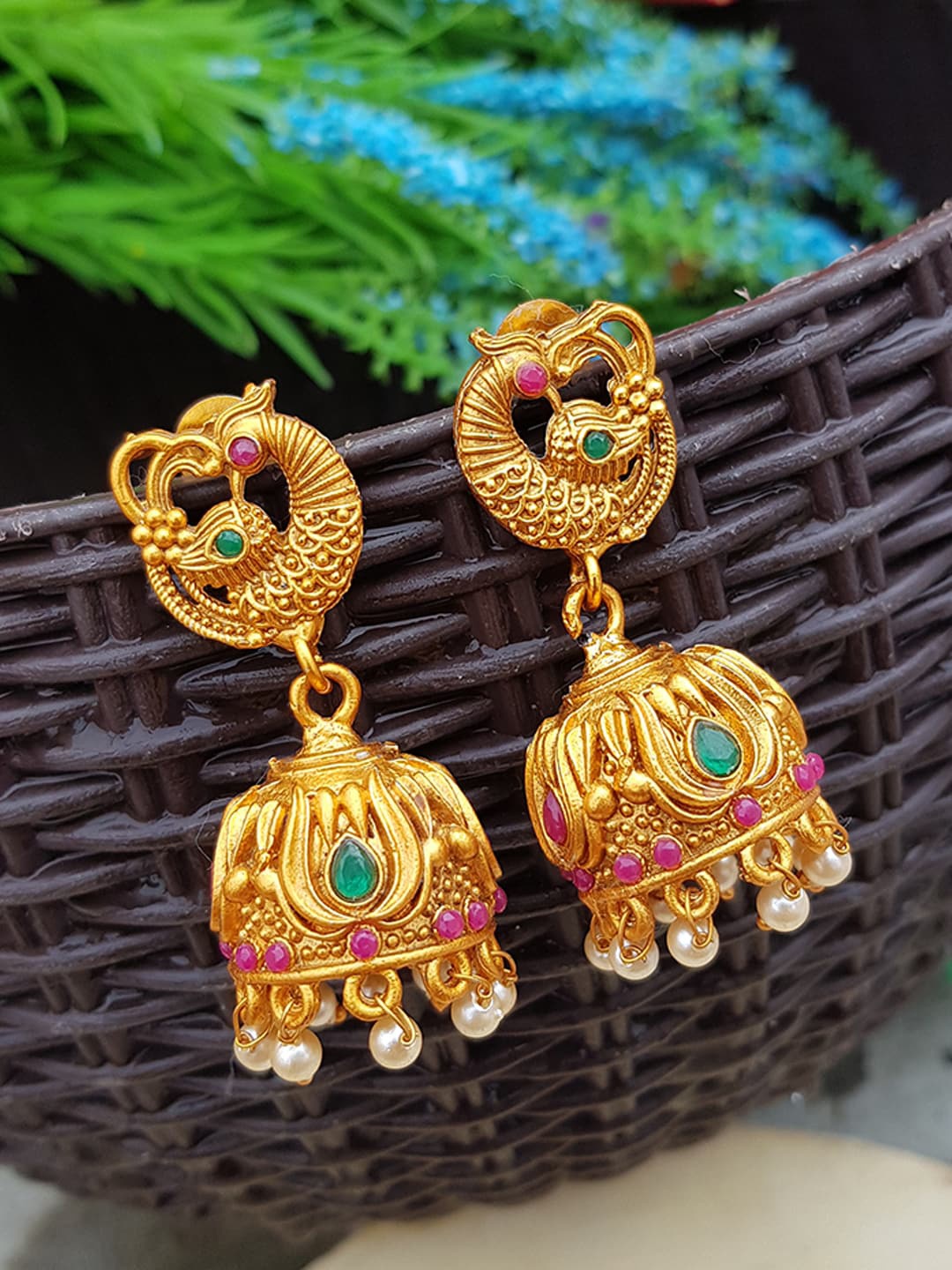 

GRIIHAM Gold-Plated Green & Pink Dome Shaped Jhumkas Earrings