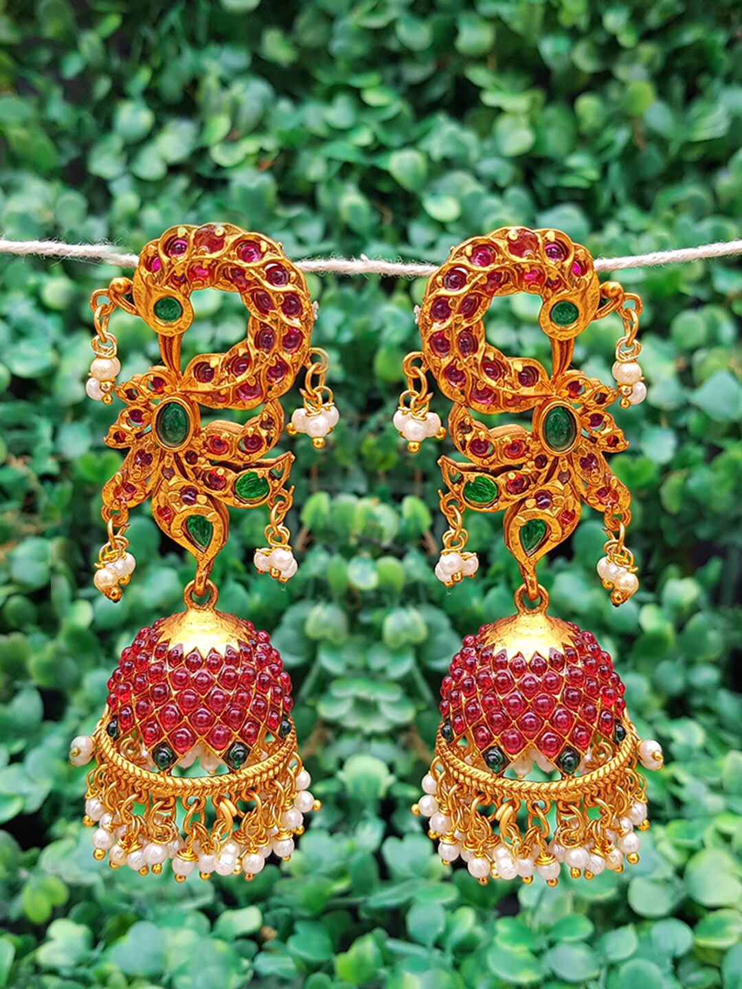 

GRIIHAM Gold-Toned & Red Contemporary Jhumkas Earrings