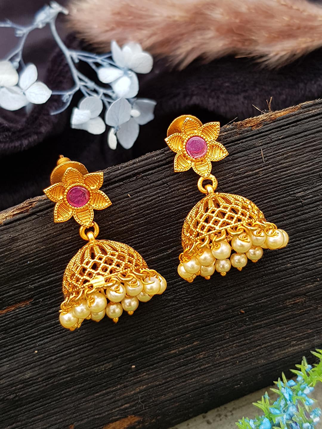 

GRIIHAM Gold-Toned & Red Contemporary Jhumkas Earrings