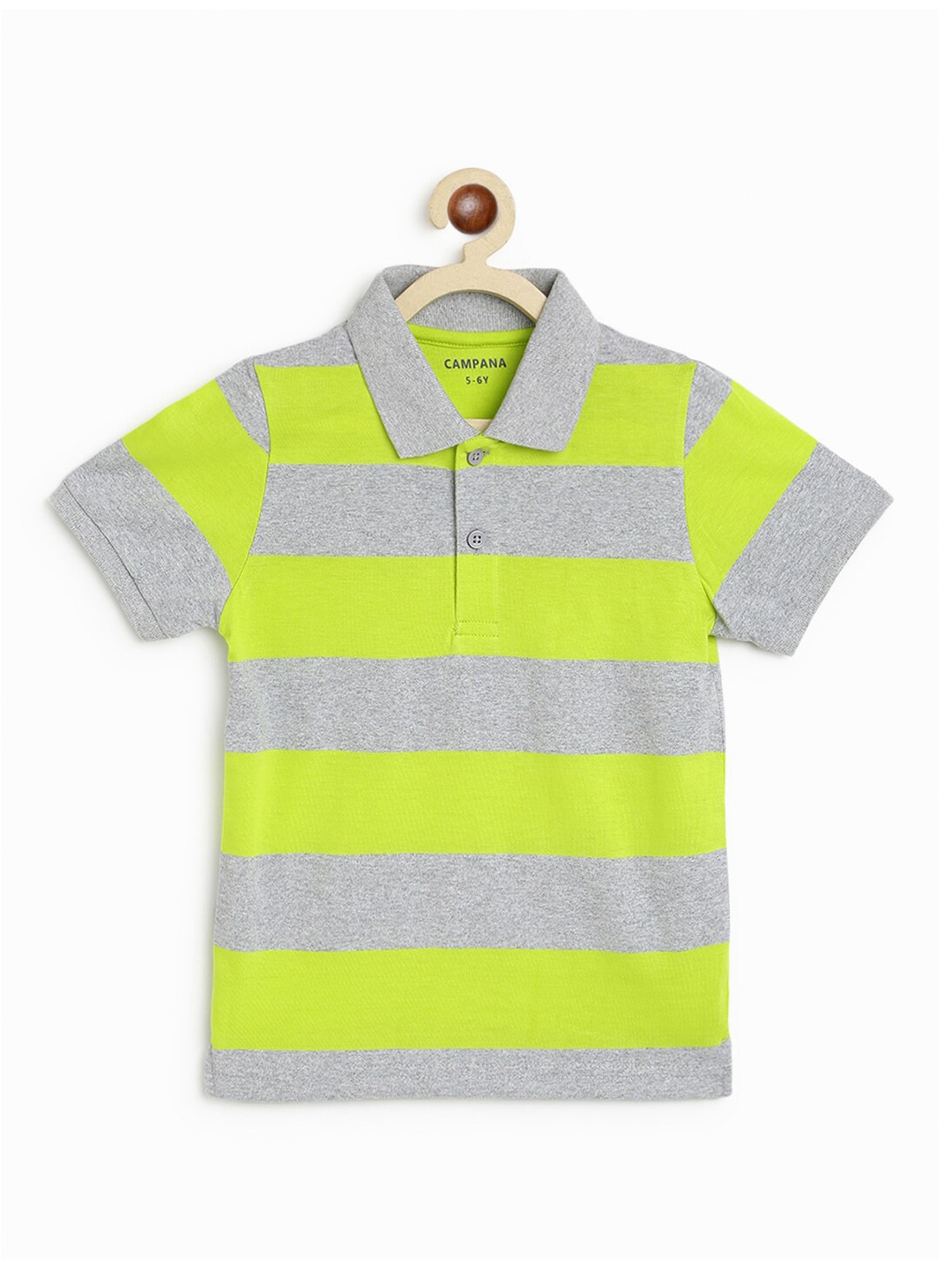 

Campana Boys Lime Green & Grey Striped Polo Collar Pure Cotton T-shirt