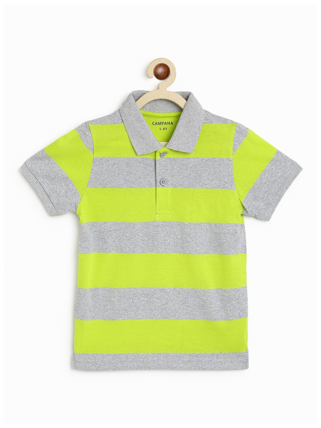 

Campana Boys Lime Green & Grey Striped Polo Collar Pure Cotton T-shirt