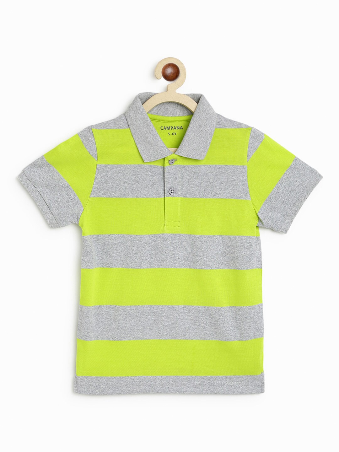 

Campana Boys Lime Green & Grey Striped Polo Collar Pure Cotton T-shirt