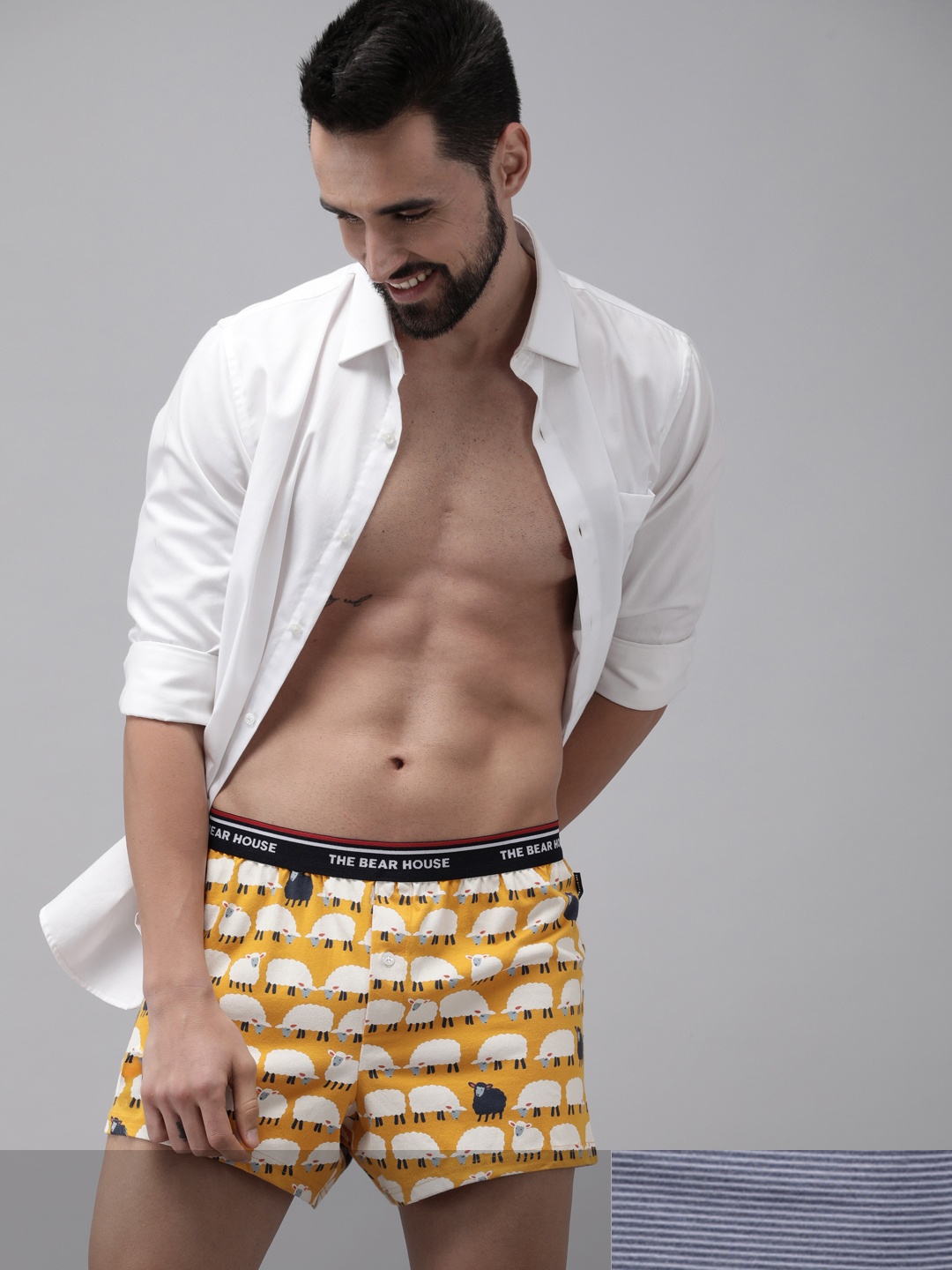 

THE BEAR HOUSE Men Pack of 2 Printed Boxers with Pouch, Mustard