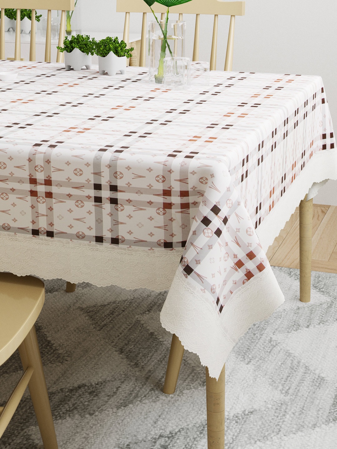

DREAM WEAVERZ Multi-Colored Checked 4-Seater Table Cover, White