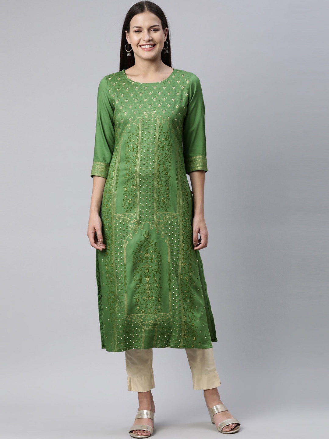 

Marcia Women Green & Gold Floral Printed Kurta