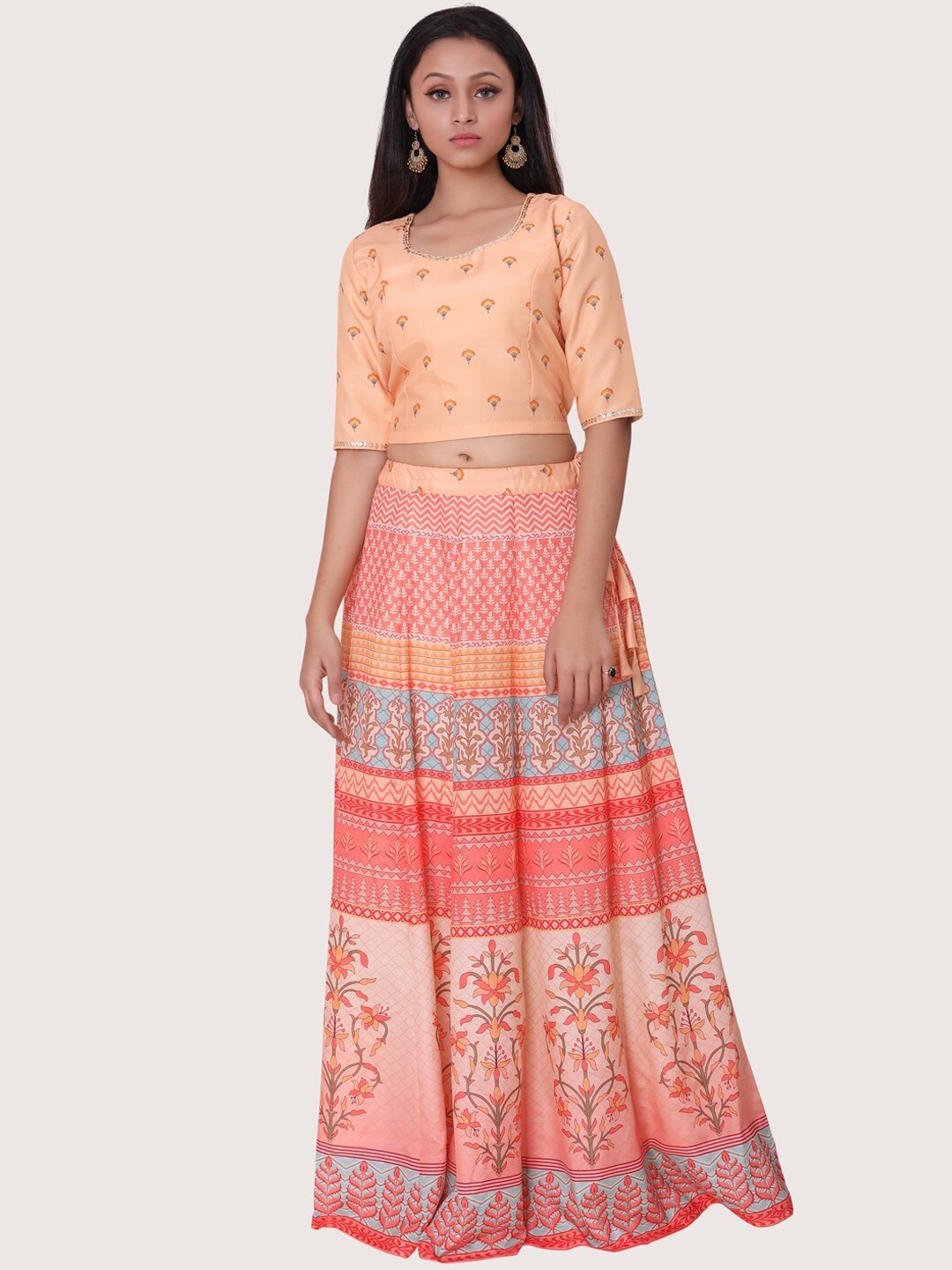 

ZRI Women Peach-Coloured Ethnic Motifs Printed Crop Top with Skirt & With Dupatta