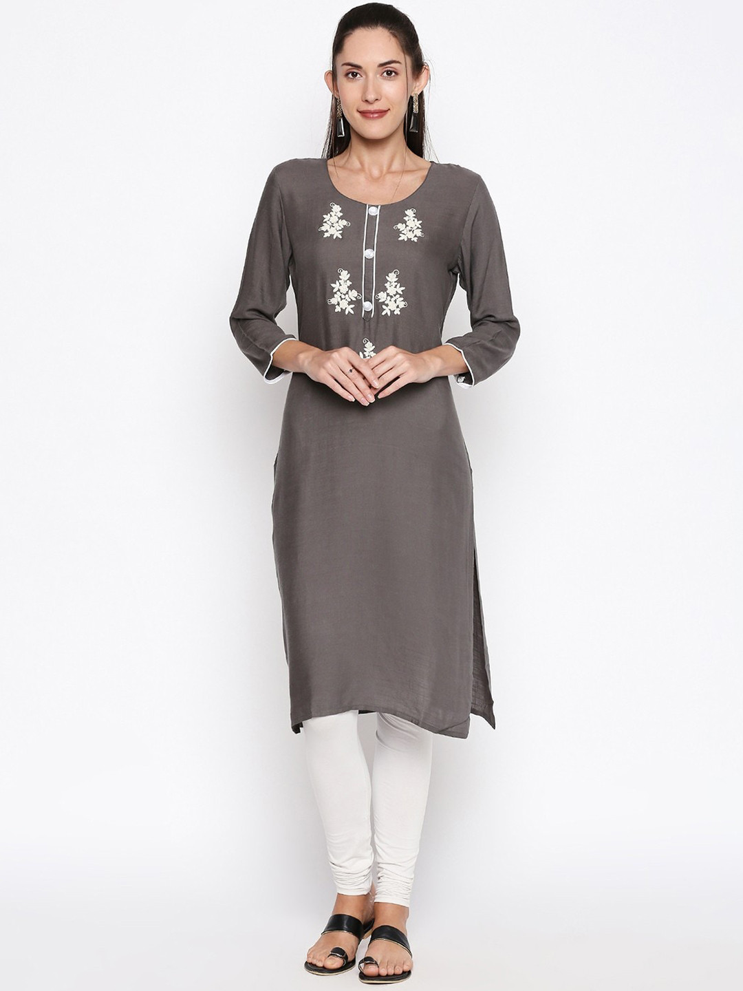

ZRI Women Grey Floral Embroidered Kurta