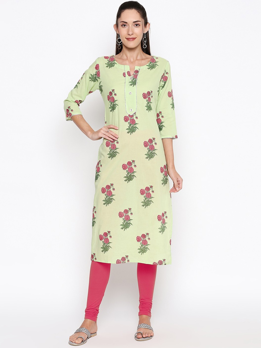 

ZRI Women Green & Pink Floral Printed Kurta