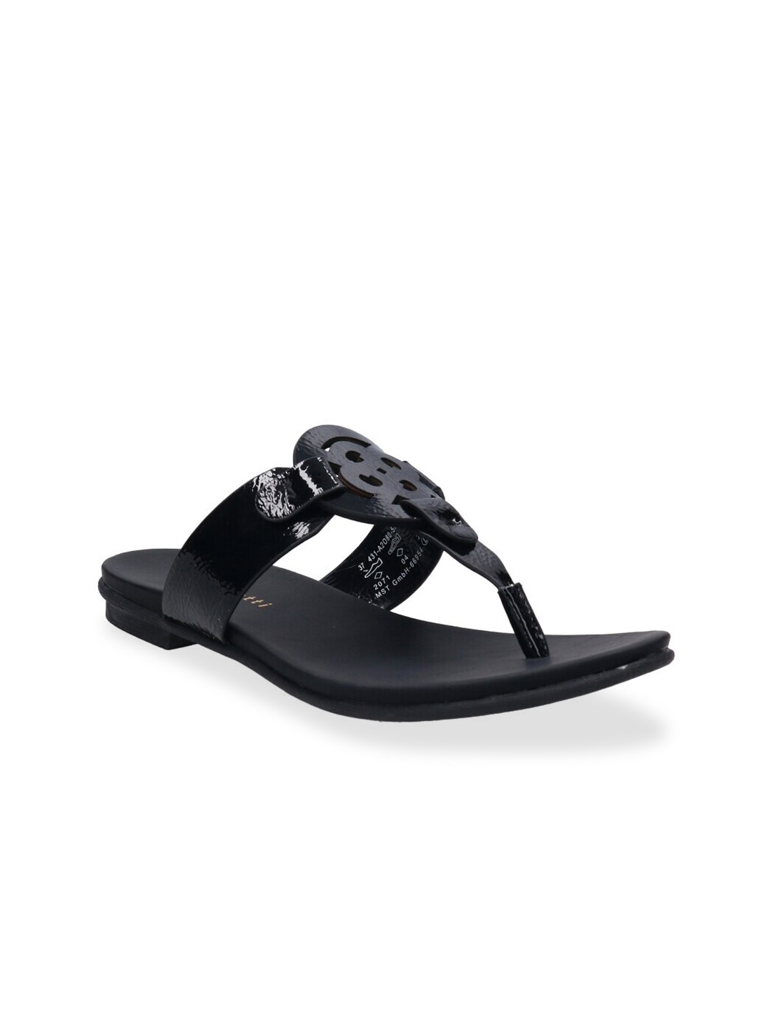 

Bugatti Women Black T-Strap Open Toe Laser Cut Flat