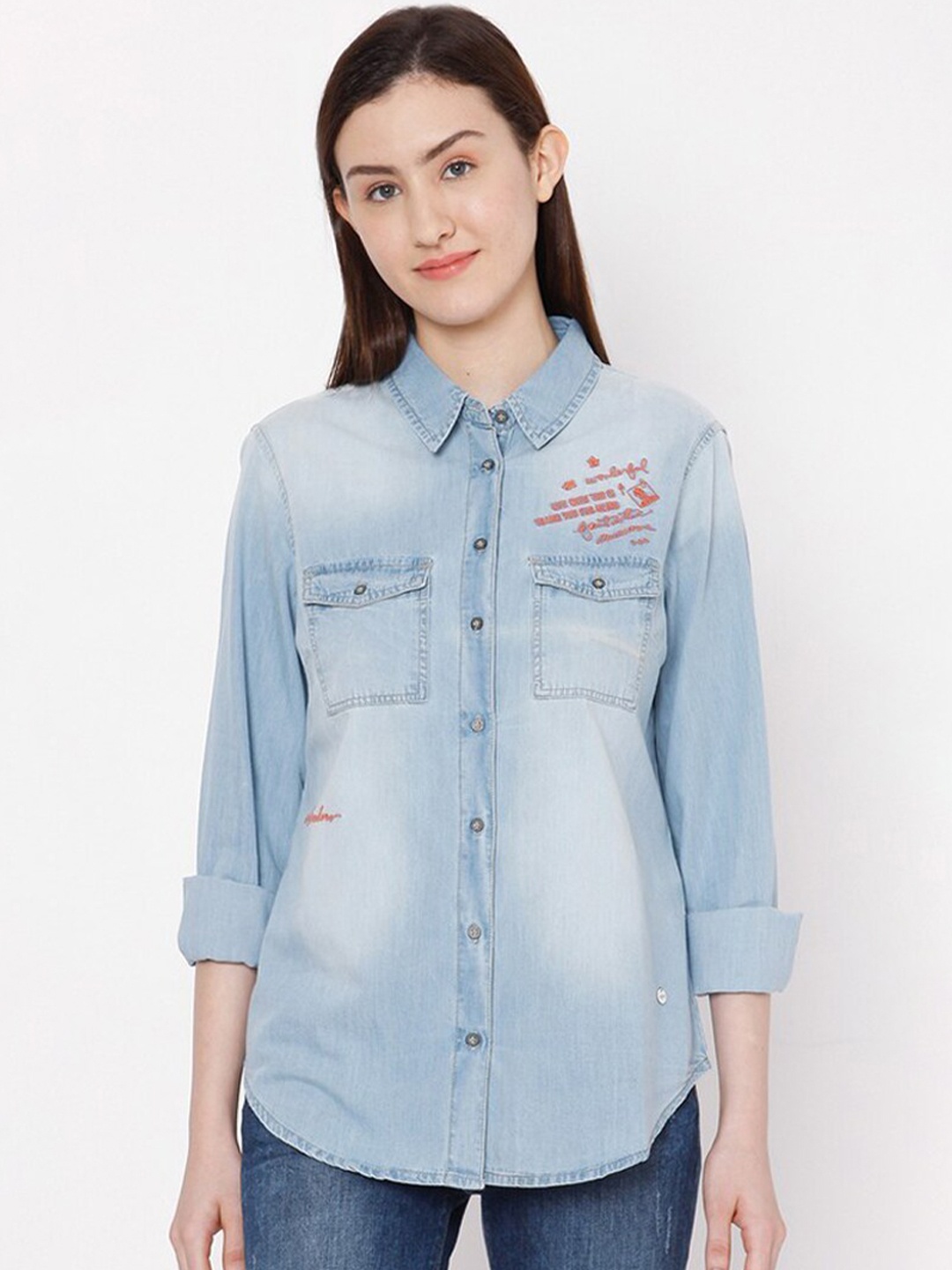 

SPYKAR Women Blue Faded Cotton Casual Shirt
