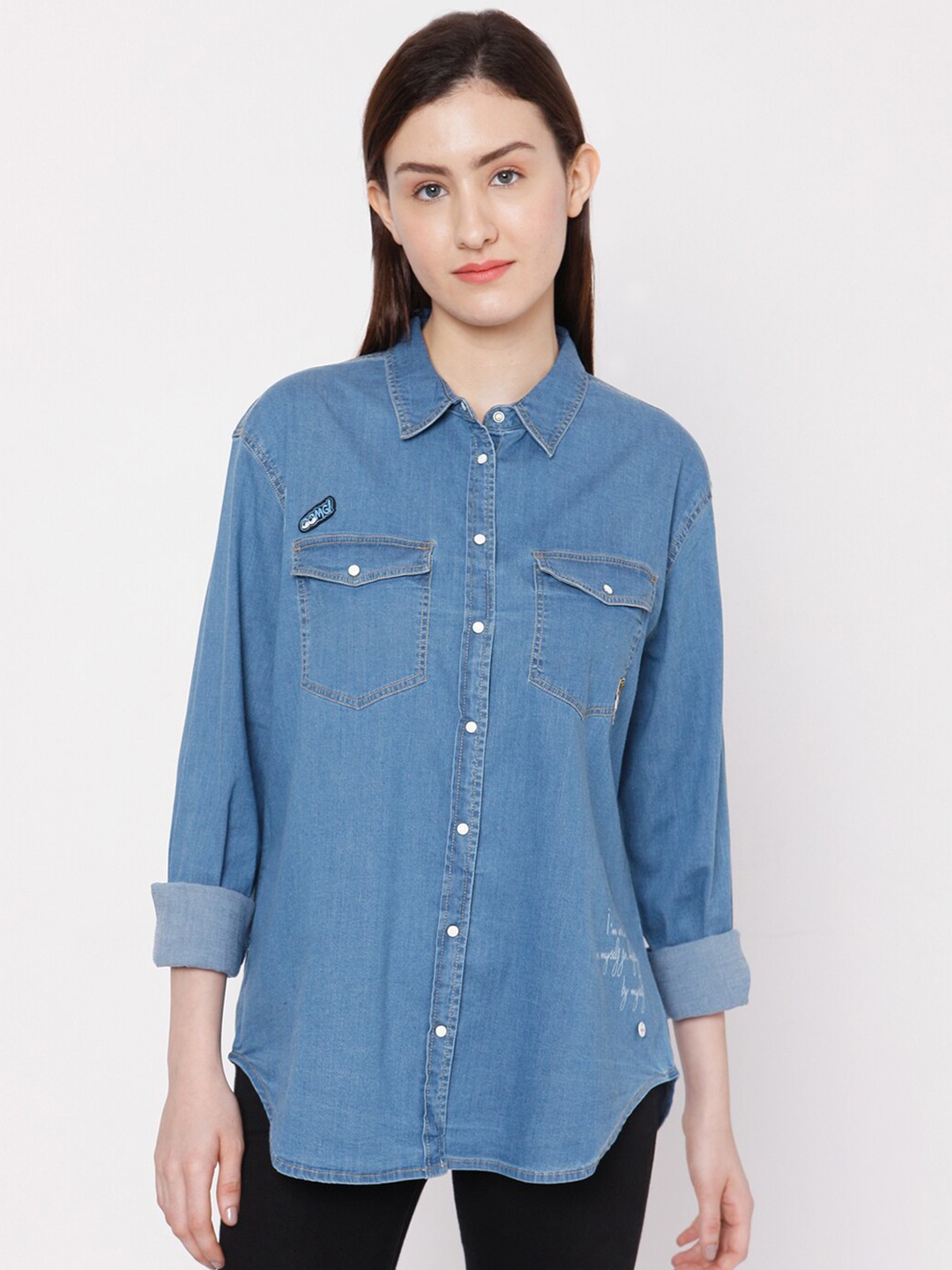 

SPYKAR Women Blue Regular Fit Solid Cotton Casual Shirt