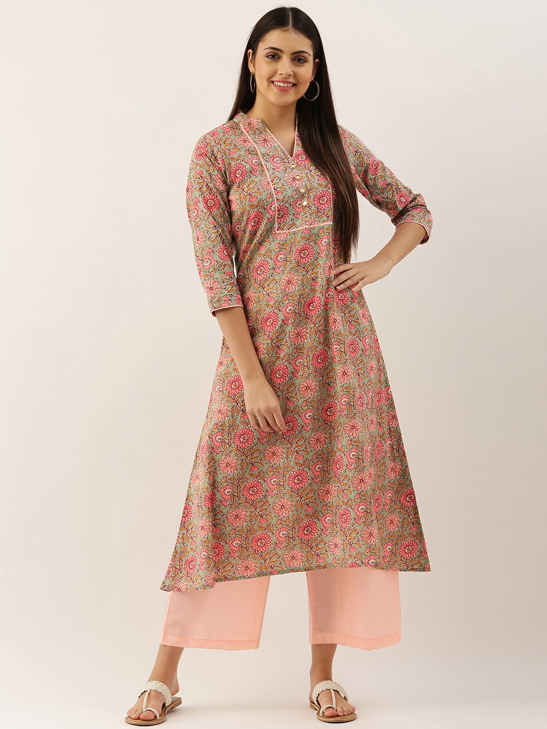 

Saanjh Women Green Pure Cotton Ethnic Motifs Printed Kurta with Palazzos