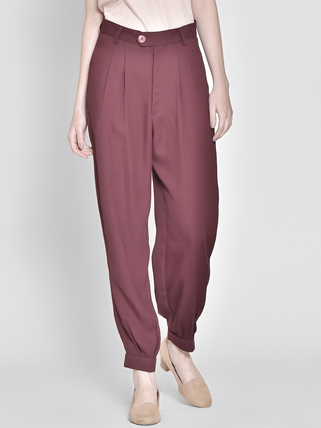 

250 DESIGNS Women Maroon Original Easy Wash Cotton Pleated Joggers Trousers